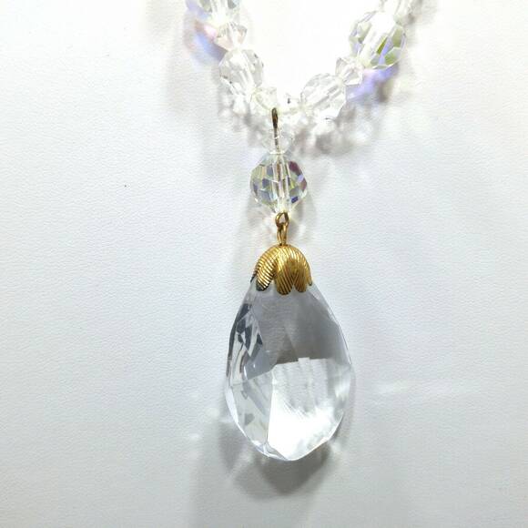 AB Crystal Beaded Necklace, Aurora Borealis 22" Clear Crystal Teardrop Pendant - Picture 6 of 10